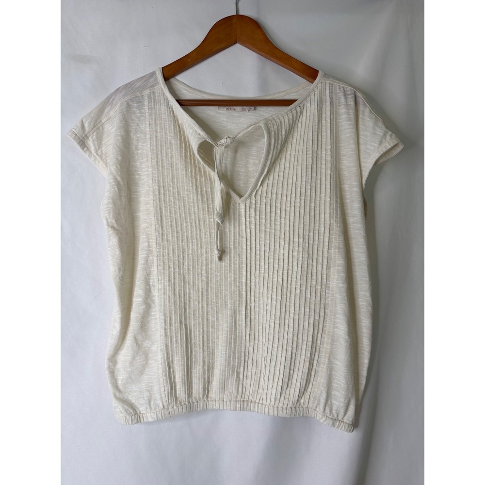 PrAna Octopus Popover Tie Neck Blouson Top Short Sleeve Cream Pintuck XS